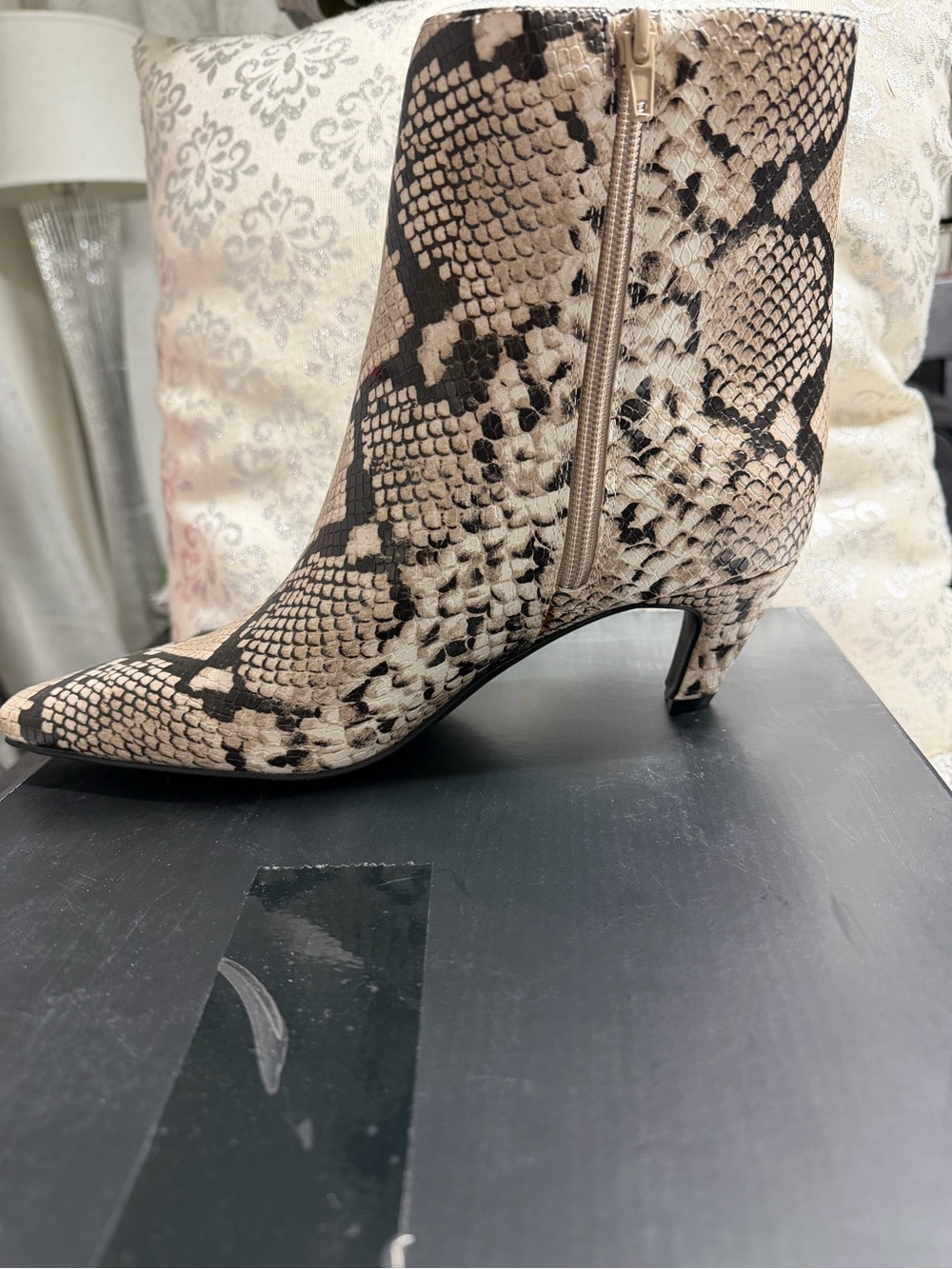 INC International Concepts Beige and Black Snake-Print Kitten Heel Bootie